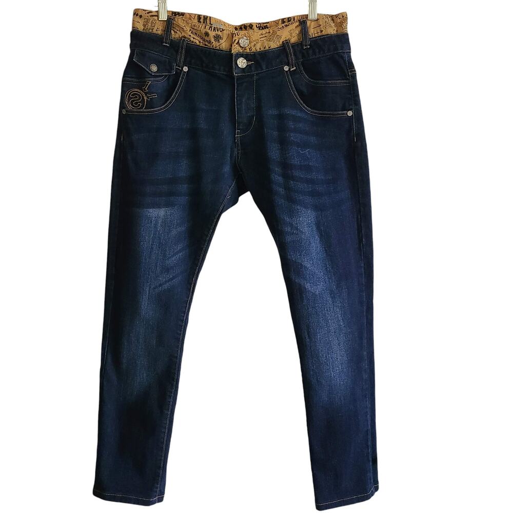 DESIGUAL‎ Layered Graphic Waistband Straight Ankle Jeans 185SMDDX1 Women's 32